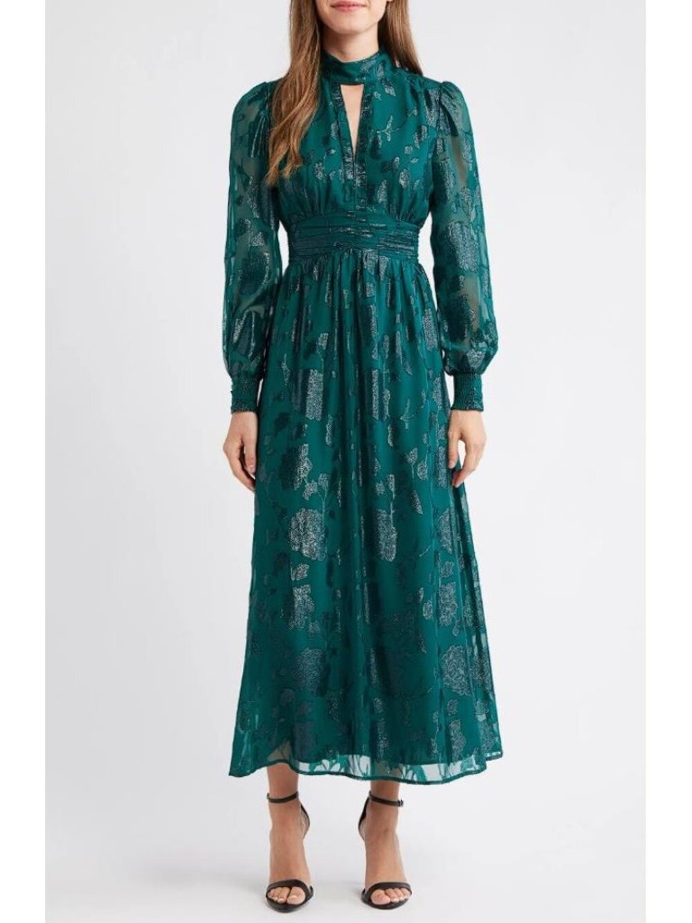 ANNE KLEIN Women's Metallic Floral Long Sleeve Dress Size 12P in Midnight Pine